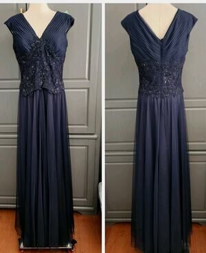 Tadashi Shoji Navy Net Overlay Floor Length Dress Beaded black Lace Size 10